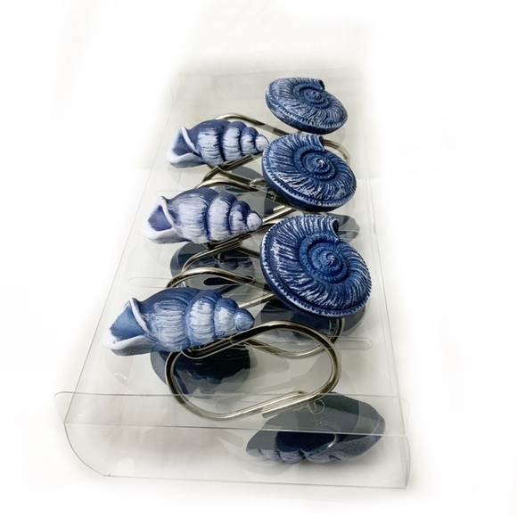 Coastal Ocean Seashell Shower Hooks Blue White Beachy Decor Set of 12 - Picture 6 of 11